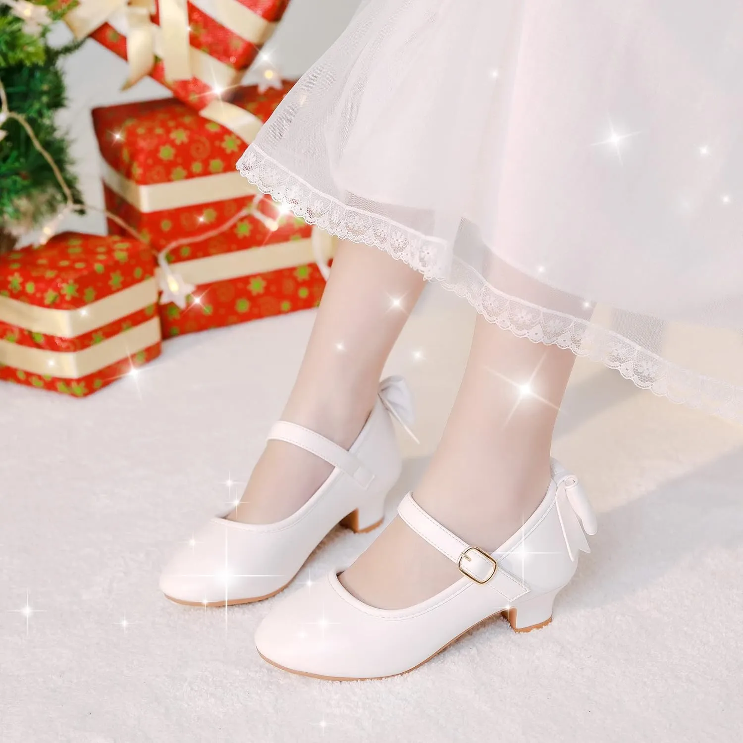 Dufannie Girls Dress Shoes Low Heel Princess Flats Mary Jane Flower Wedding Party Glitter Shoes for Kids Toddler