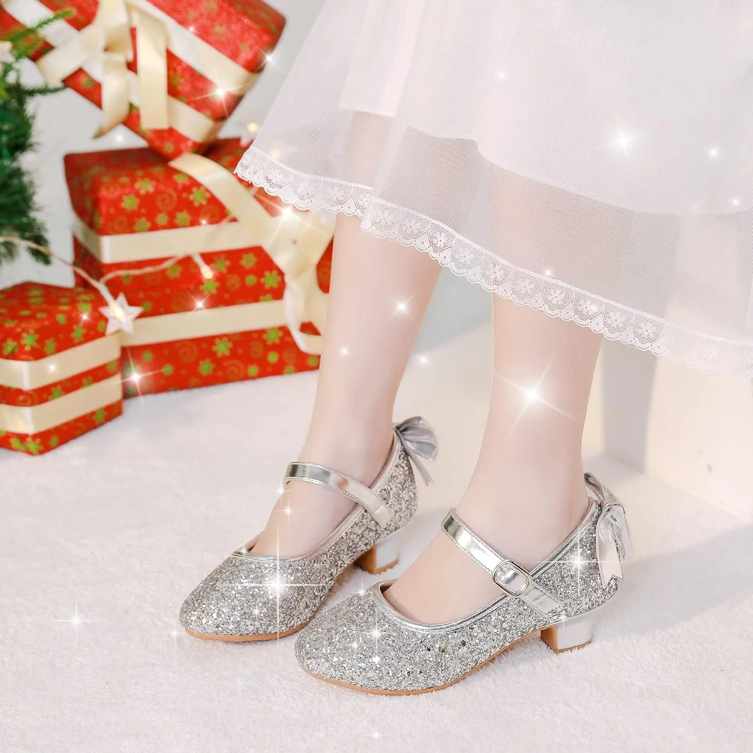 Dufannie Girls Dress Shoes Low Heel Princess Flats Mary Jane Flower Wedding Party Glitter Shoes for Kids Toddler