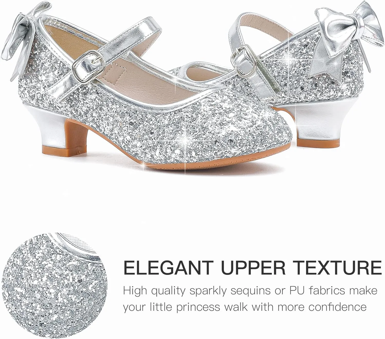 Dufannie Girls Dress Shoes Low Heel Princess Flats Mary Jane Flower Wedding Party Glitter Shoes for Kids Toddler