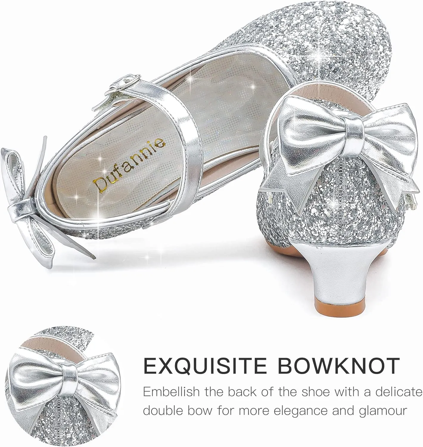 Dufannie Girls Dress Shoes Low Heel Princess Flats Mary Jane Flower Wedding Party Glitter Shoes for Kids Toddler