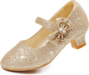 Dufannie Girls Dress Shoes Low Heel Princess Flats Mary Jane Flower Wedding Party Glitter Shoes for Kids Toddler