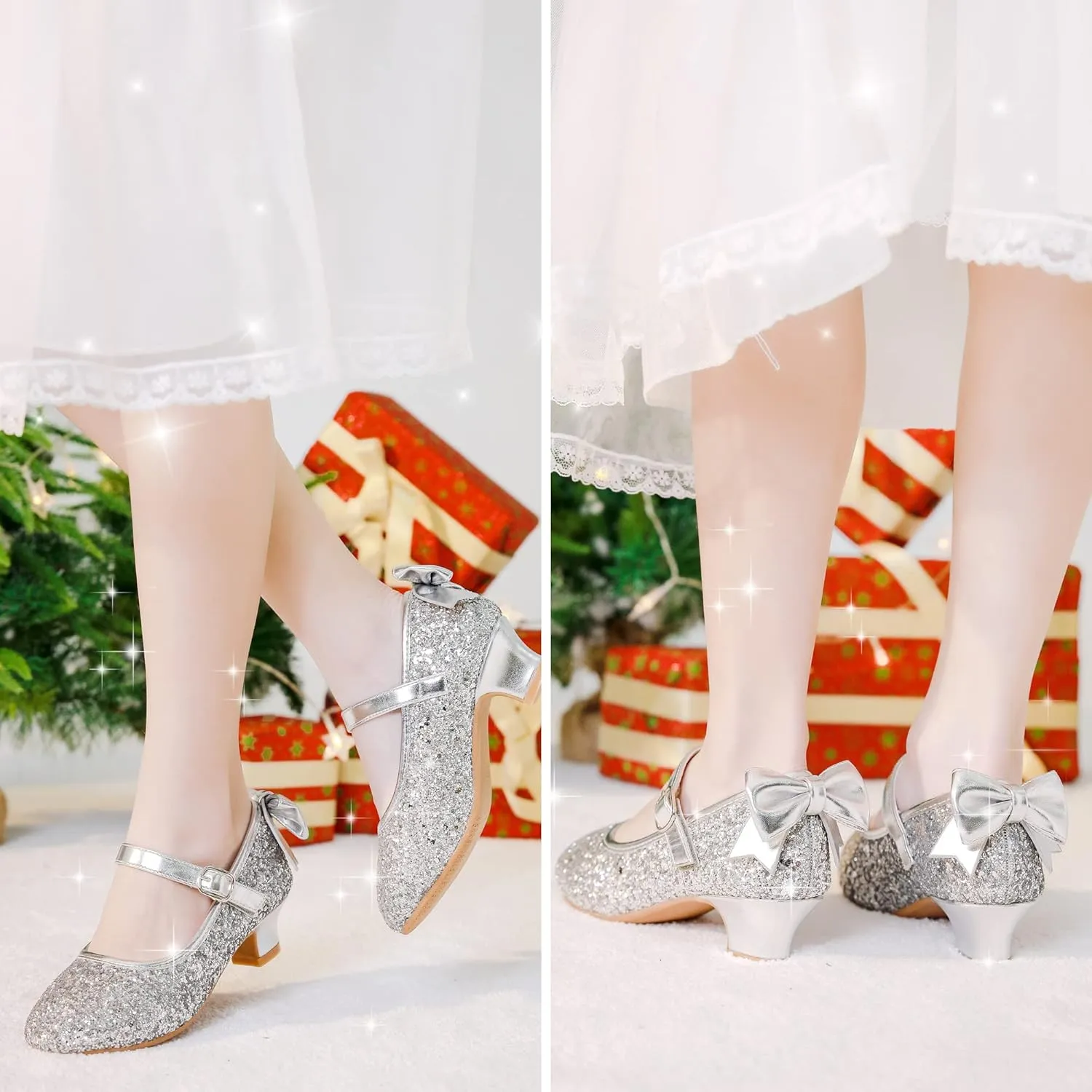 Dufannie Girls Dress Shoes Low Heel Princess Flats Mary Jane Flower Wedding Party Glitter Shoes for Kids Toddler