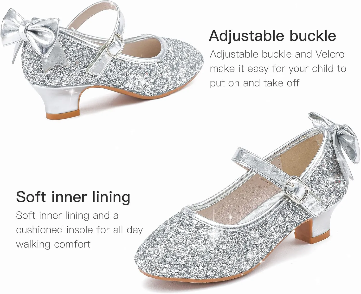Dufannie Girls Dress Shoes Low Heel Princess Flats Mary Jane Flower Wedding Party Glitter Shoes for Kids Toddler