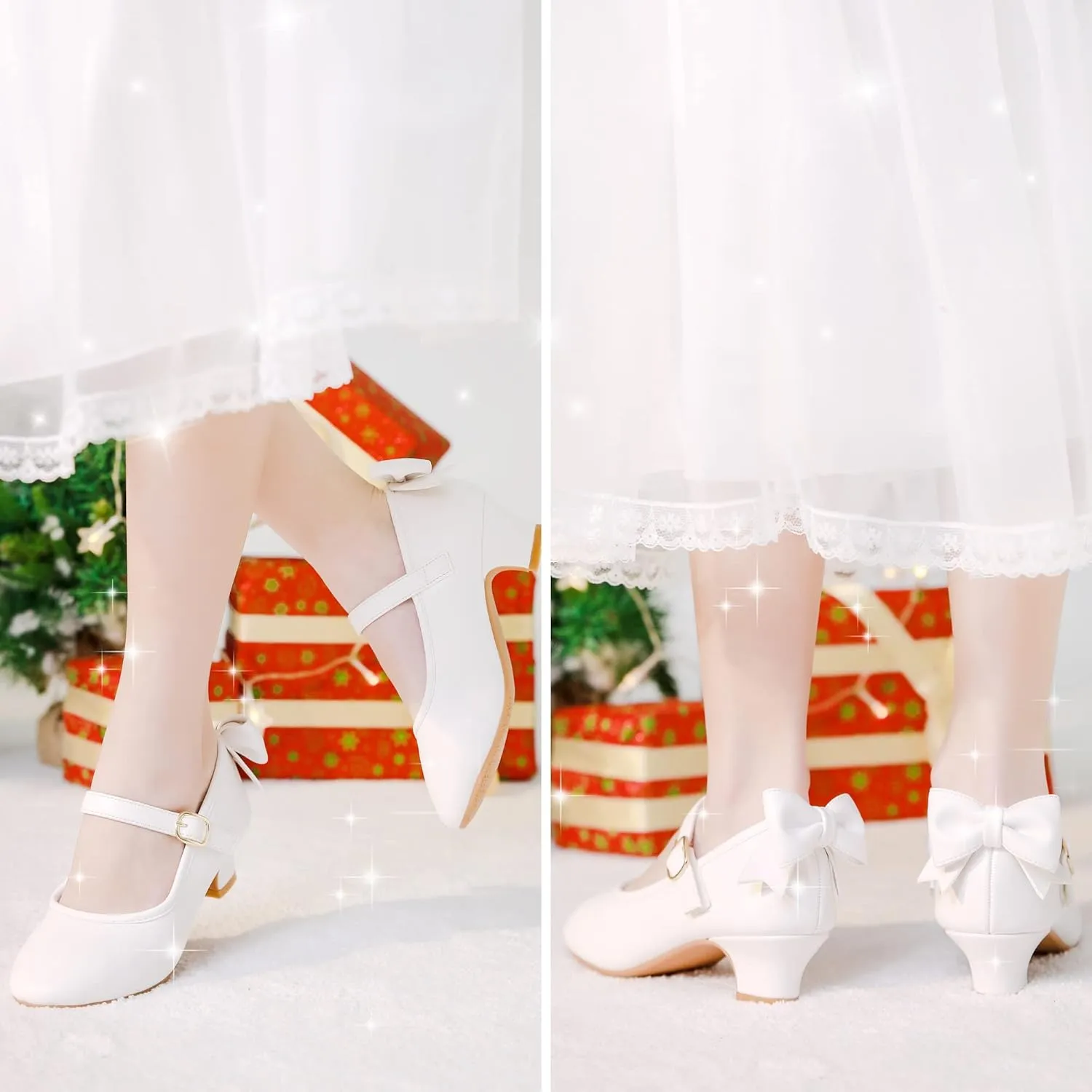 Dufannie Girls Dress Shoes Low Heel Princess Flats Mary Jane Flower Wedding Party Glitter Shoes for Kids Toddler