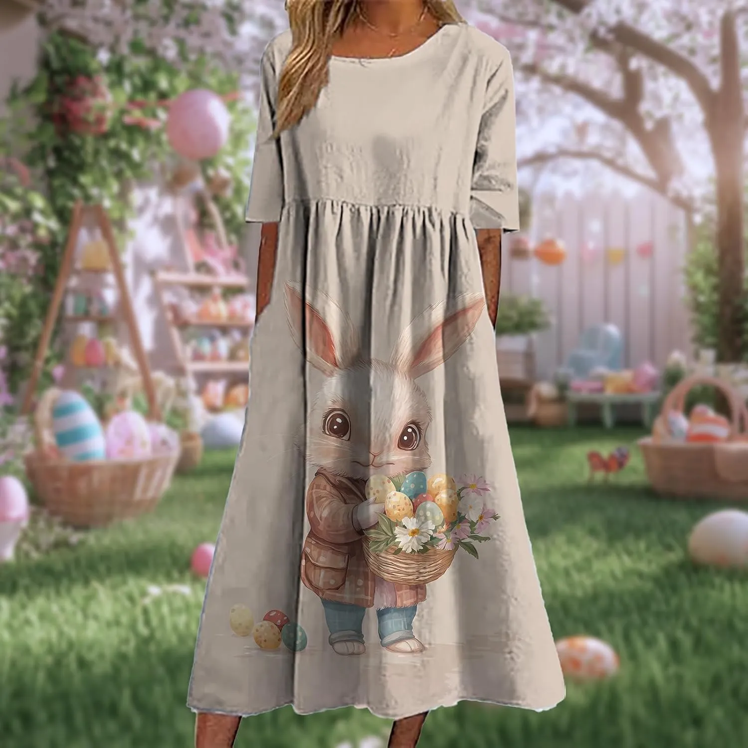 Easter Dress for Women Casual Short Sleeve Crew Neck Midi Dress Bunny Egg Print Pleated Summer Dress with Pockets