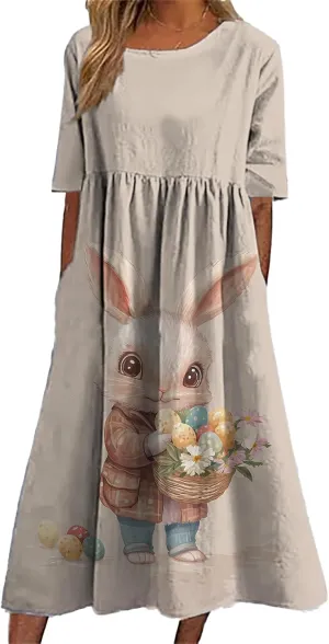 Easter Dress for Women Casual Short Sleeve Crew Neck Midi Dress Bunny Egg Print Pleated Summer Dress with Pockets