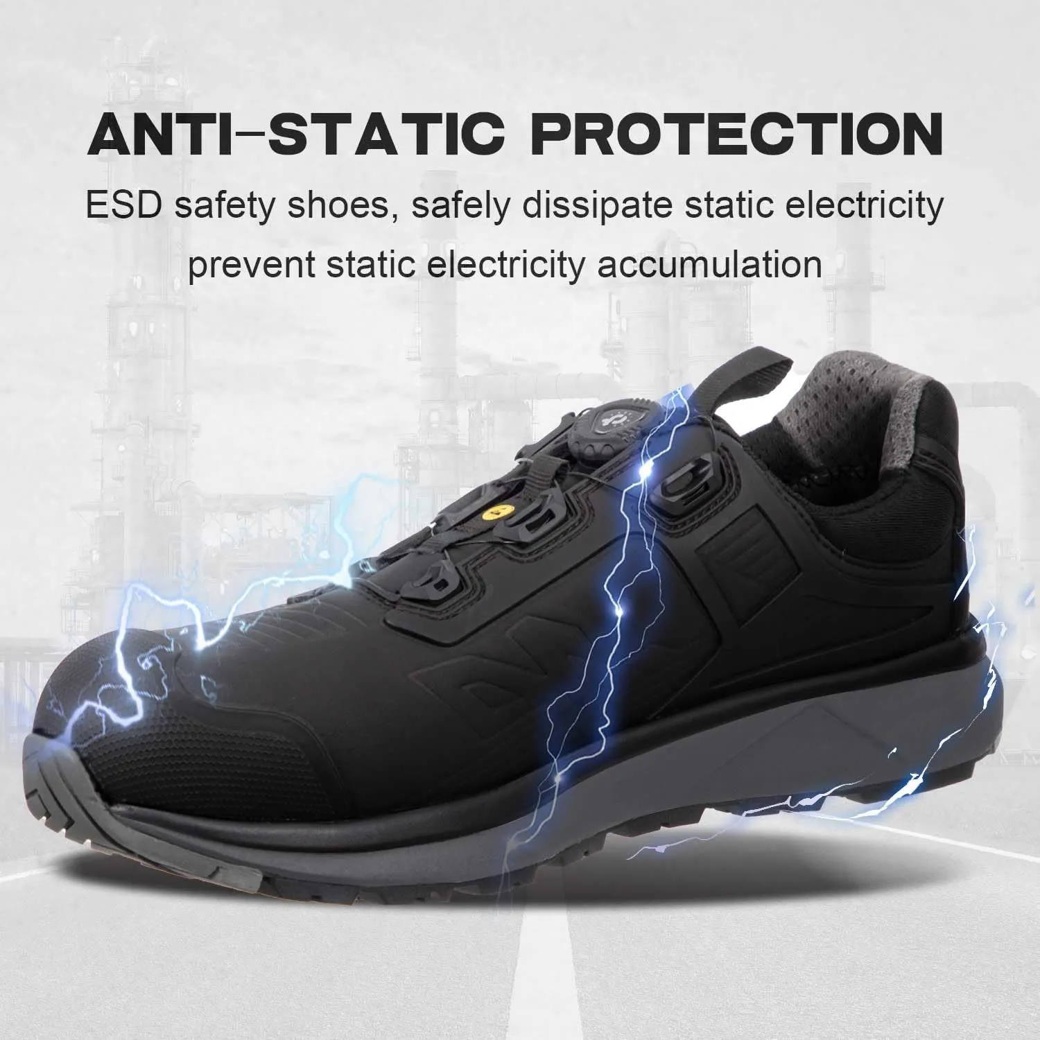 ESD Shoes for Men, Alloy Toe Safety Freelock Fit Quick Lacing System Static Proof, Waterproof, Puncture Proof, Oil and Slip Resistant, Lightweight Industrial Work Shoe Sneakers