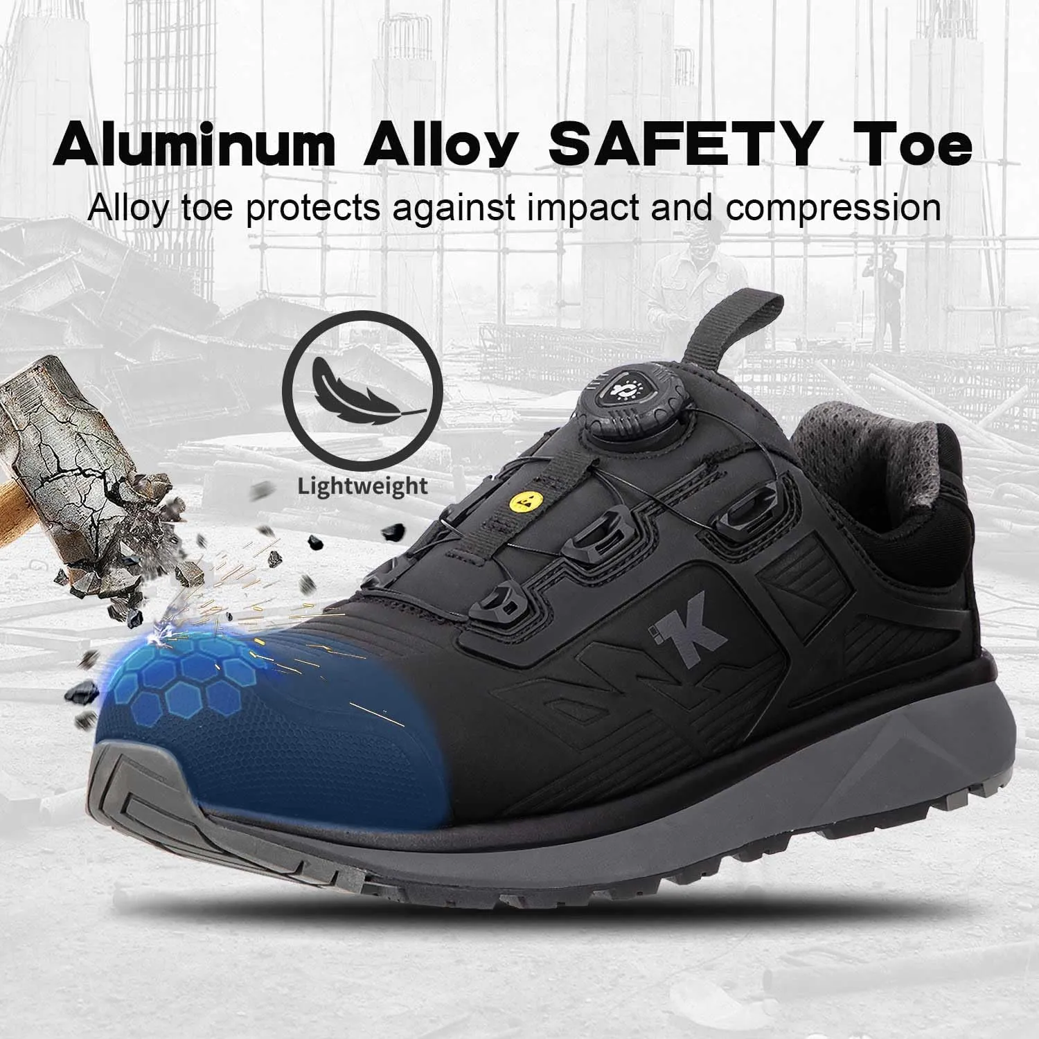 ESD Shoes for Men, Alloy Toe Safety Freelock Fit Quick Lacing System Static Proof, Waterproof, Puncture Proof, Oil and Slip Resistant, Lightweight Industrial Work Shoe Sneakers