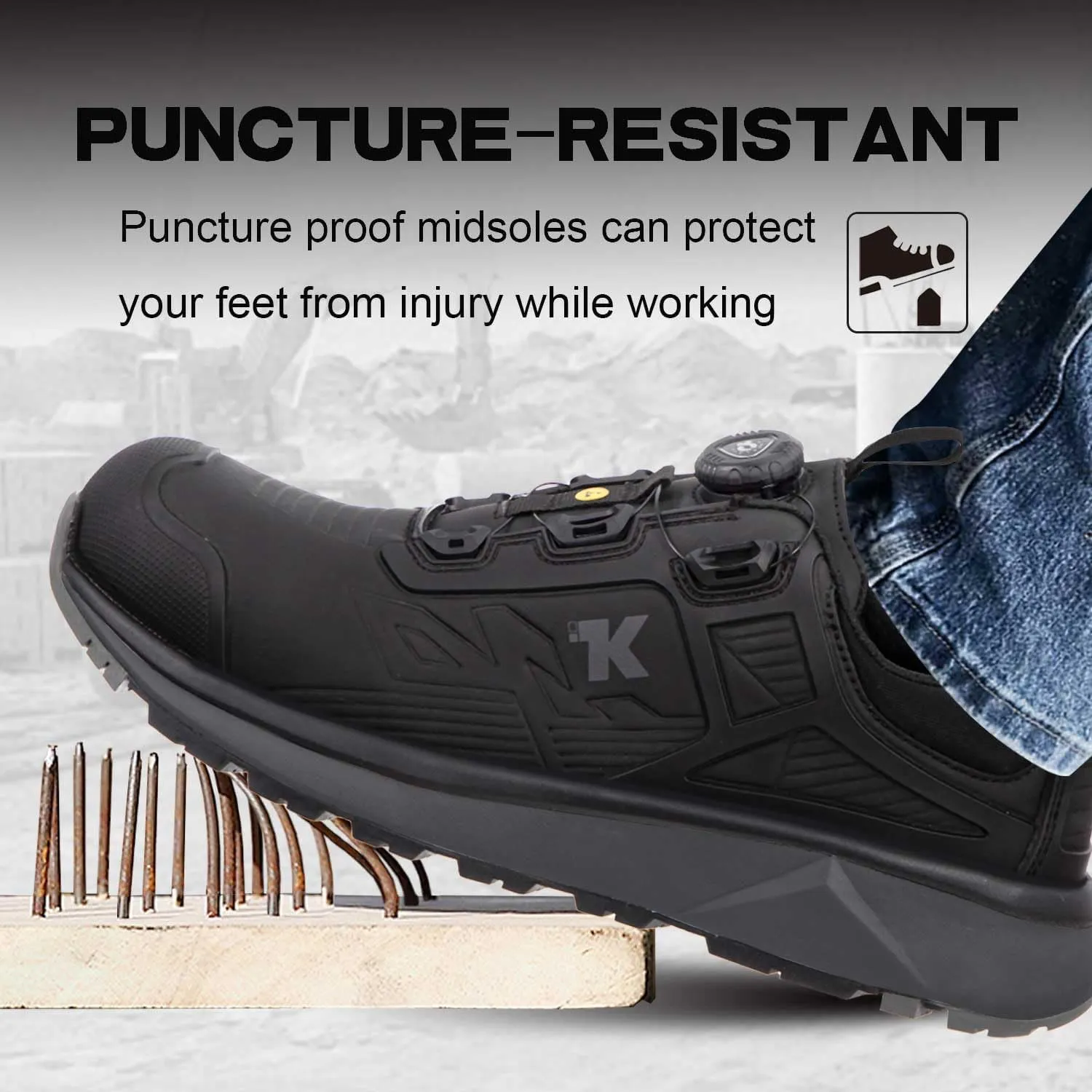 ESD Shoes for Men, Alloy Toe Safety Freelock Fit Quick Lacing System Static Proof, Waterproof, Puncture Proof, Oil and Slip Resistant, Lightweight Industrial Work Shoe Sneakers