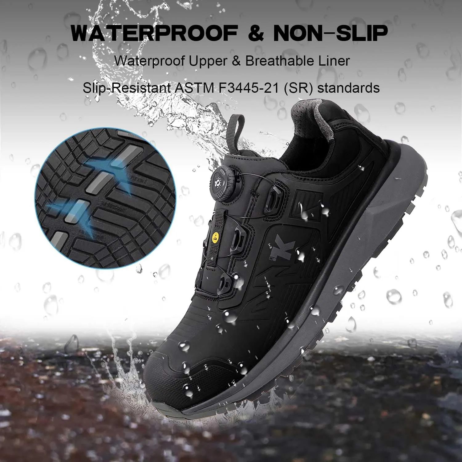 ESD Shoes for Men, Alloy Toe Safety Freelock Fit Quick Lacing System Static Proof, Waterproof, Puncture Proof, Oil and Slip Resistant, Lightweight Industrial Work Shoe Sneakers