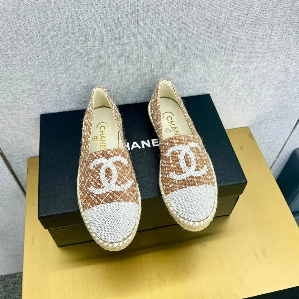 espadrilles brown tweed white sequin