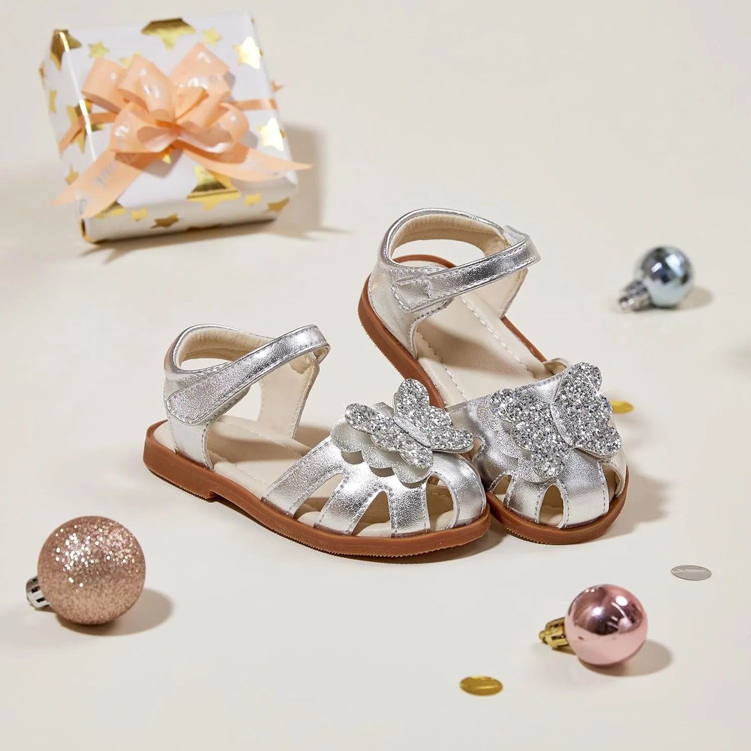ESTINE Toddler Girls Little Kids Close Toe Sandals - Flower Girl Dress Flats Summer Shoes