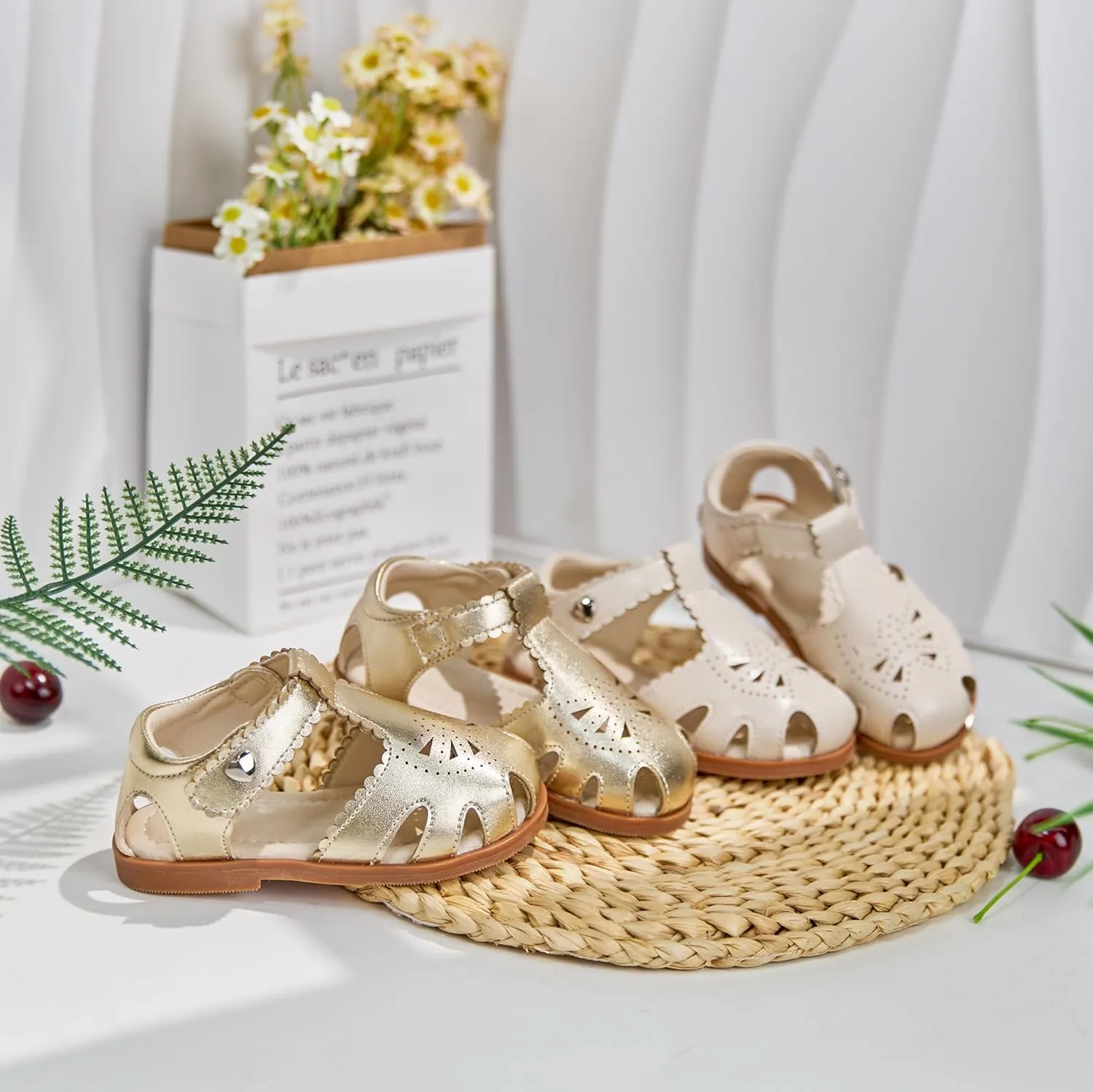 ESTINE Toddler Girls Little Kids Close Toe Sandals - Flower Girl Dress Flats Summer Shoes