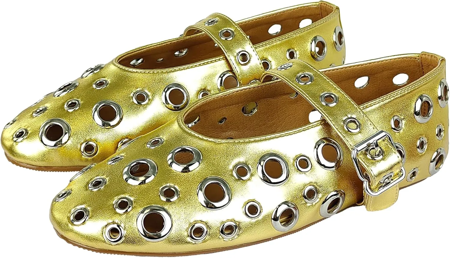 Fashion Buckle Ballet Flats Women's Delicate Metal Buckle with Rivet Holes Mary Jane Comfort Flats