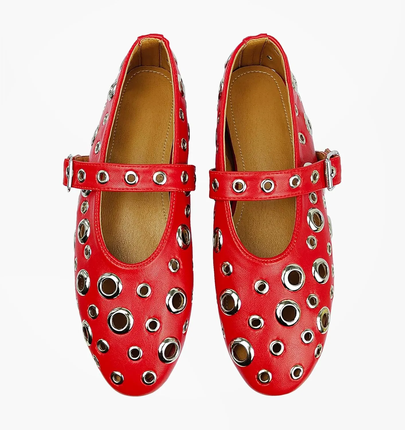 Fashion Buckle Ballet Flats Women's Delicate Metal Buckle with Rivet Holes Mary Jane Comfort Flats