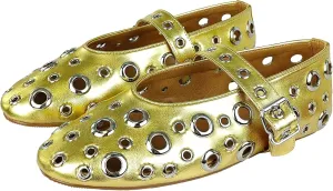 Fashion Buckle Ballet Flats Women's Delicate Metal Buckle with Rivet Holes Mary Jane Comfort Flats