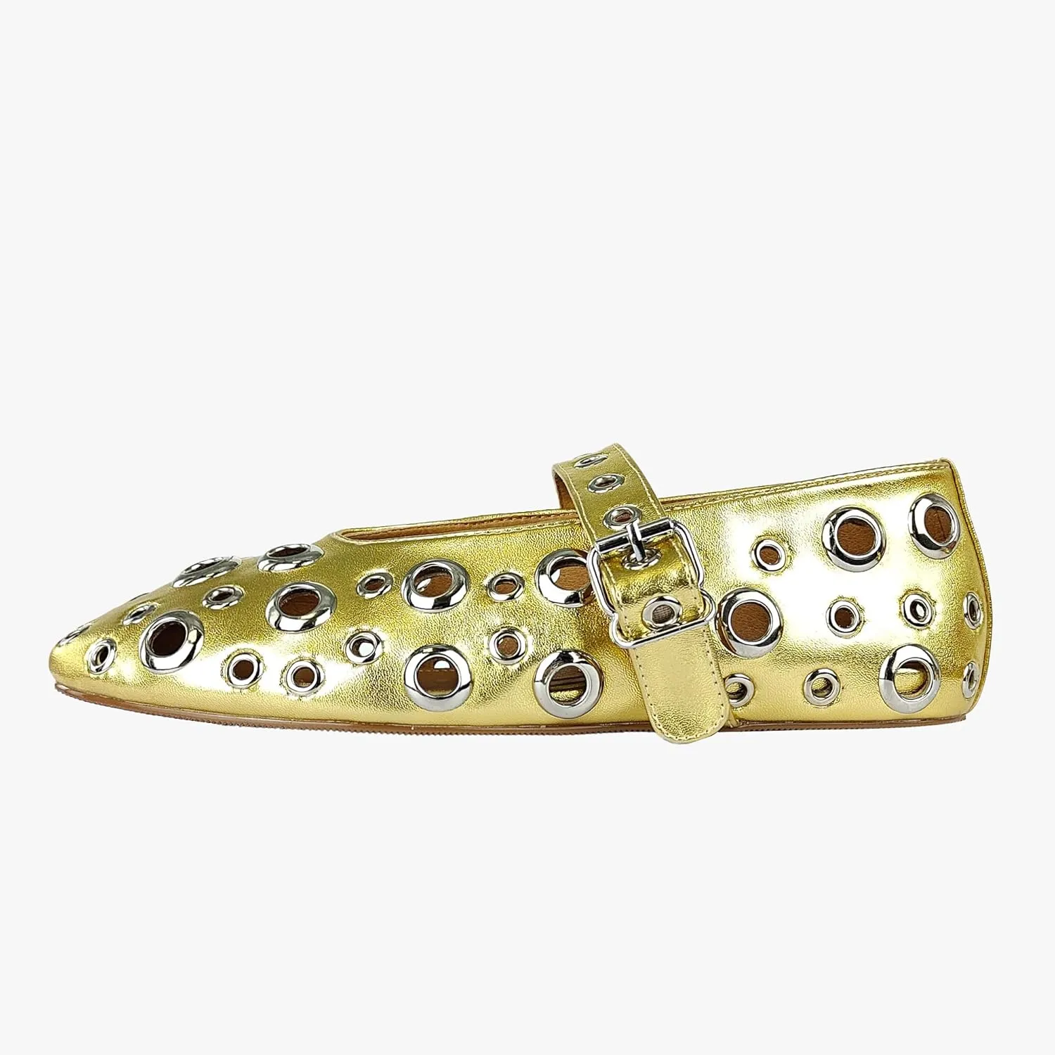 Fashion Buckle Ballet Flats Women's Delicate Metal Buckle with Rivet Holes Mary Jane Comfort Flats