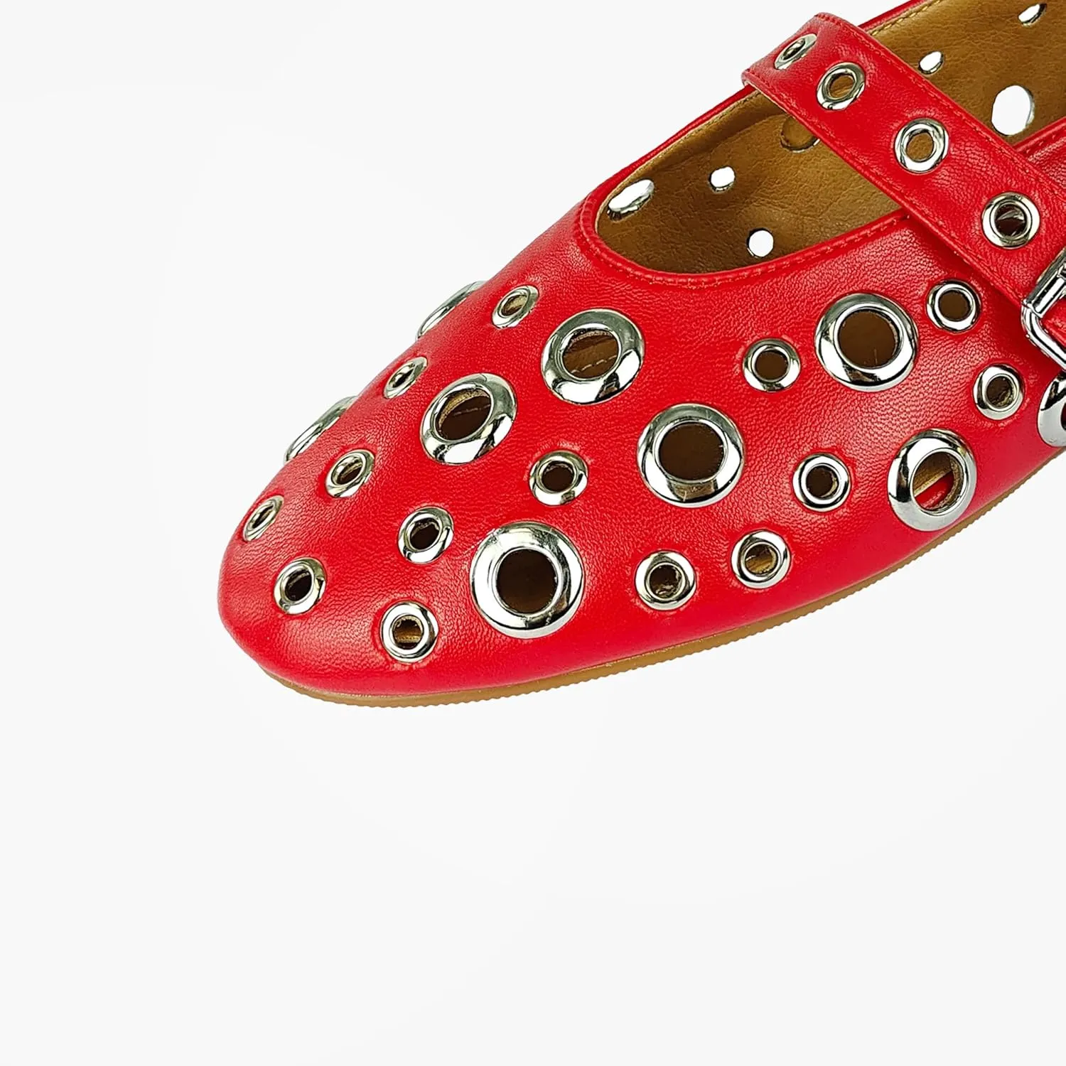 Fashion Buckle Ballet Flats Women's Delicate Metal Buckle with Rivet Holes Mary Jane Comfort Flats