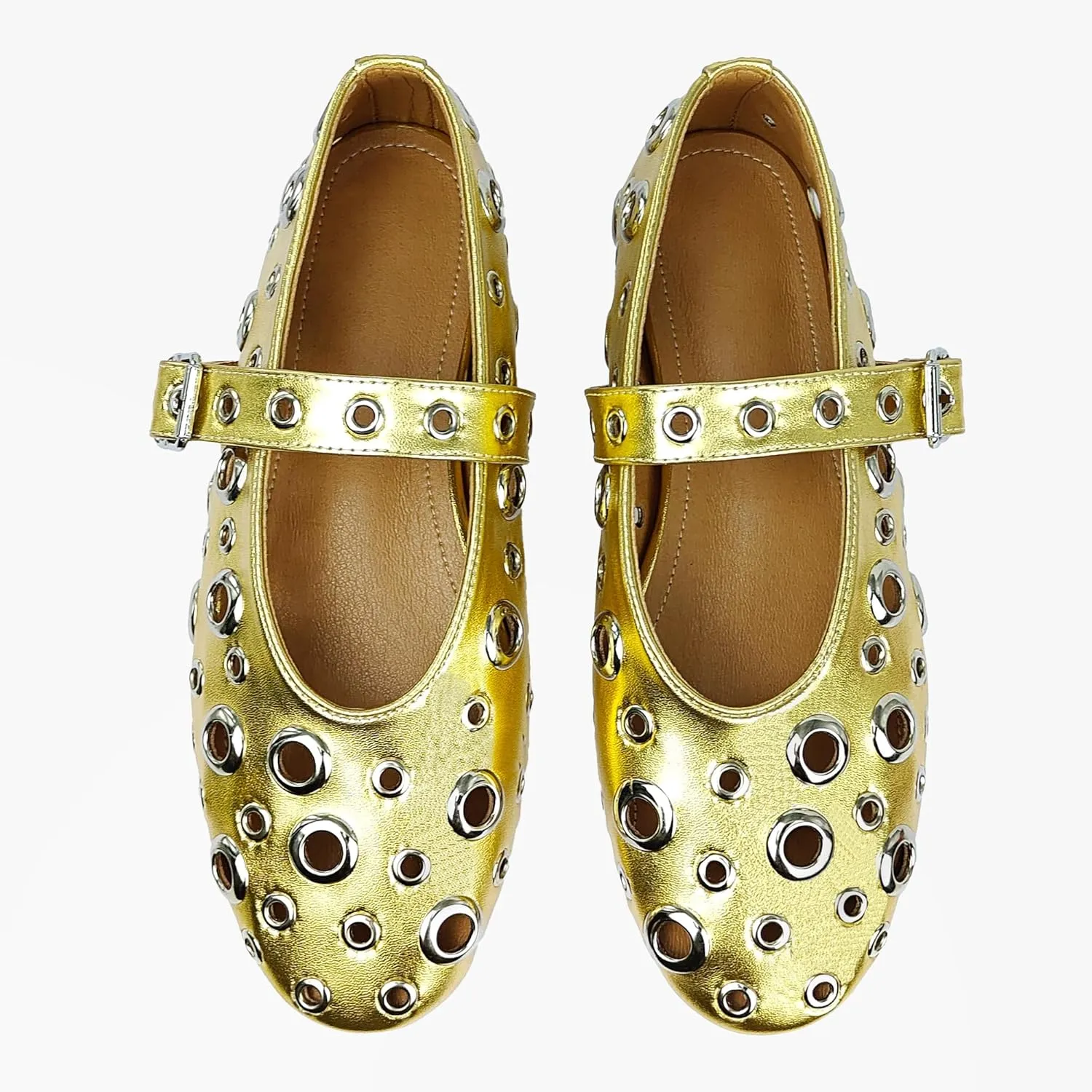 Fashion Buckle Ballet Flats Women's Delicate Metal Buckle with Rivet Holes Mary Jane Comfort Flats