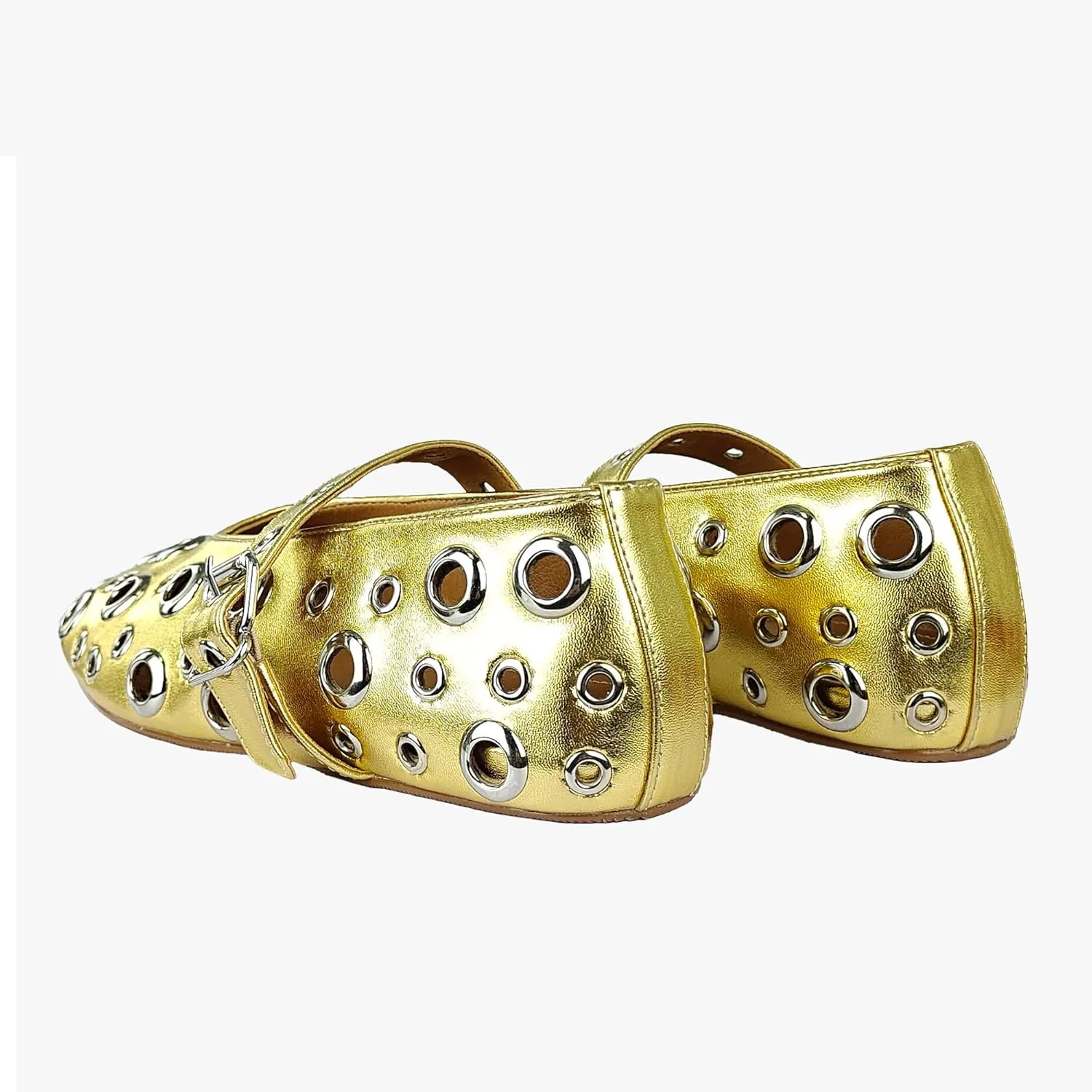 Fashion Buckle Ballet Flats Women's Delicate Metal Buckle with Rivet Holes Mary Jane Comfort Flats
