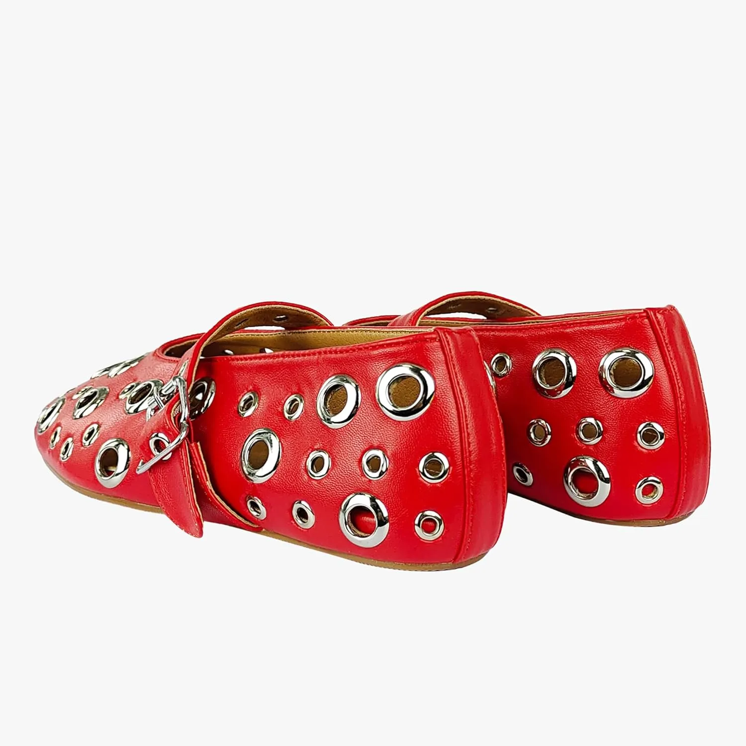 Fashion Buckle Ballet Flats Women's Delicate Metal Buckle with Rivet Holes Mary Jane Comfort Flats