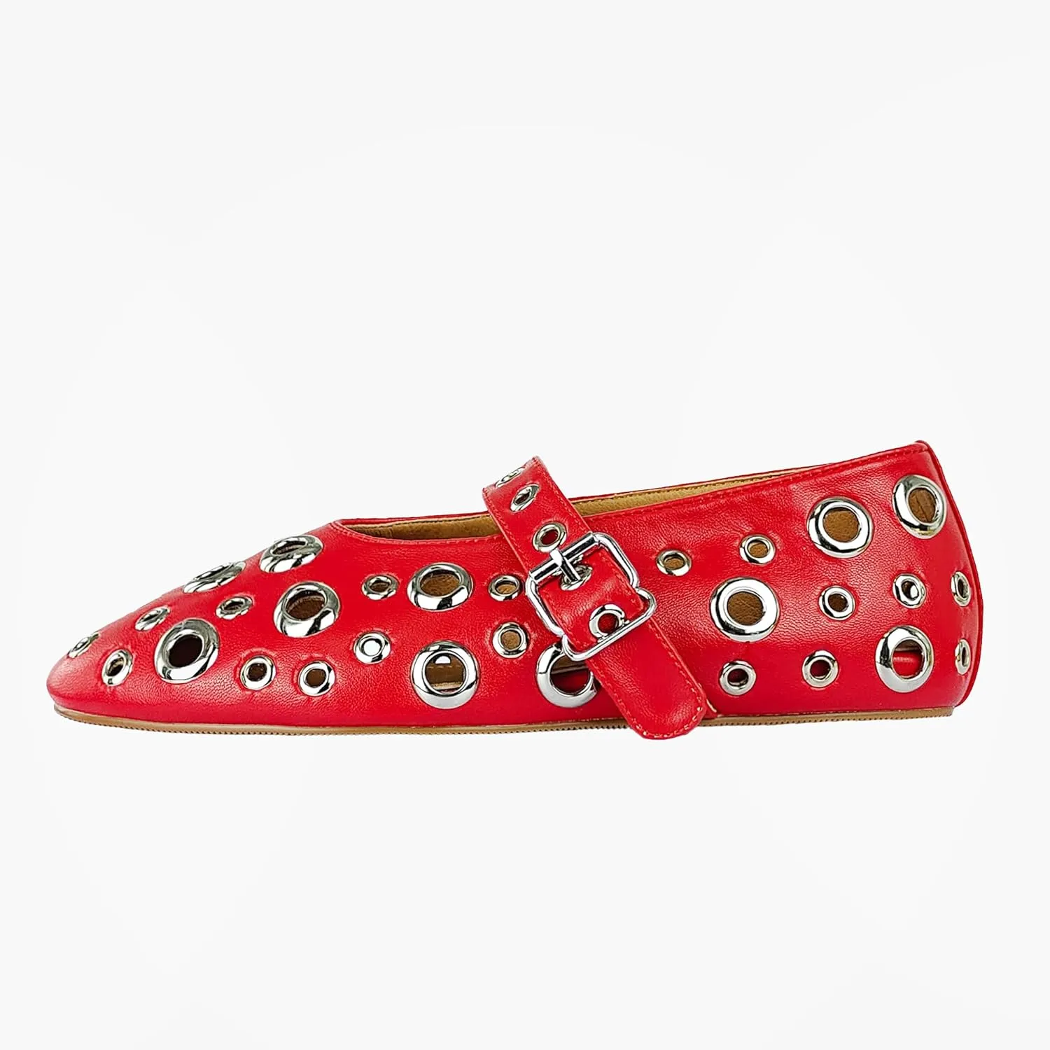 Fashion Buckle Ballet Flats Women's Delicate Metal Buckle with Rivet Holes Mary Jane Comfort Flats