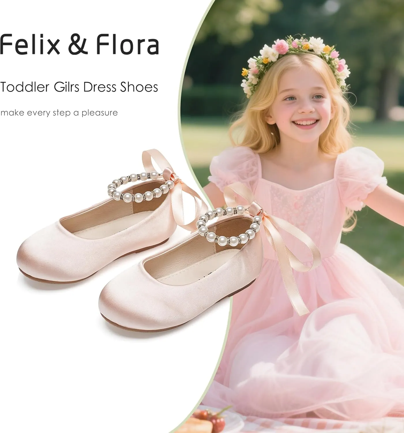 Felix & Flora Girls Toddler Little Ballet Shoes - Flower Girls Mary Jane Flats Dress Shoes Party Wedding