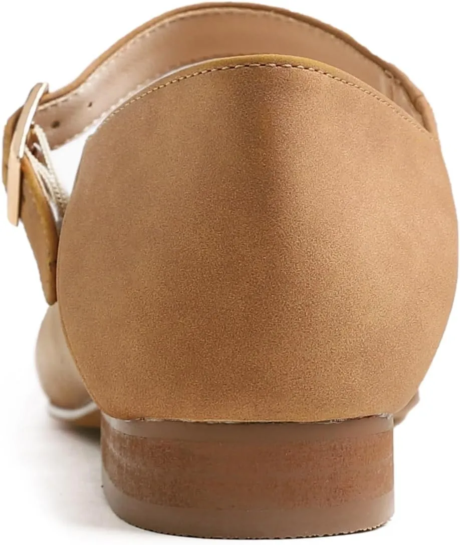 FEVERSOLE Women's Mary Jane Fashion Square Toe Easy Buckle Low Heel Slip On Flats