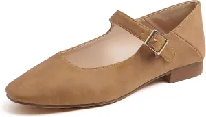 FEVERSOLE Women's Mary Jane Fashion Square Toe Easy Buckle Low Heel Slip On Flats