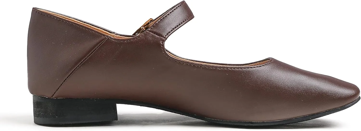 FEVERSOLE Women's Mary Jane Fashion Square Toe Easy Buckle Low Heel Slip On Flats