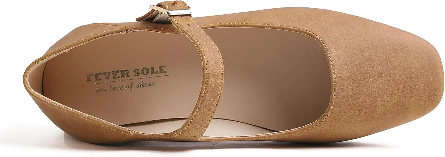 FEVERSOLE Women's Mary Jane Fashion Square Toe Easy Buckle Low Heel Slip On Flats