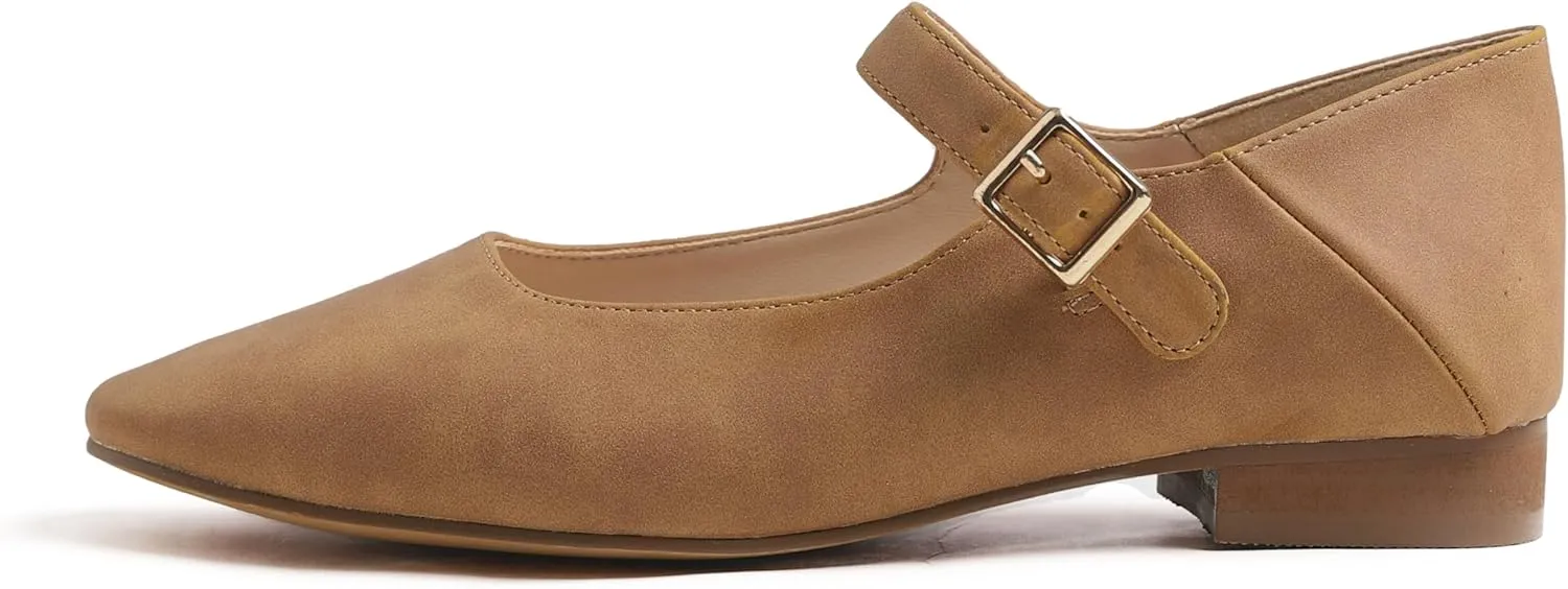 FEVERSOLE Women's Mary Jane Fashion Square Toe Easy Buckle Low Heel Slip On Flats