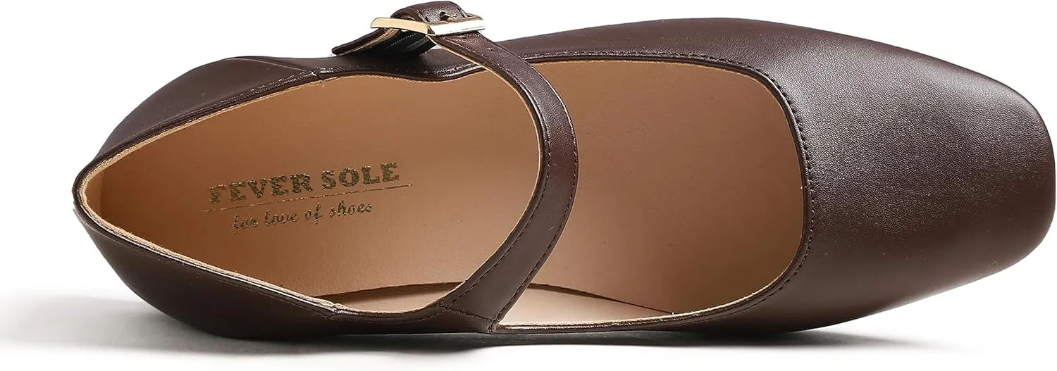 FEVERSOLE Women's Mary Jane Fashion Square Toe Easy Buckle Low Heel Slip On Flats