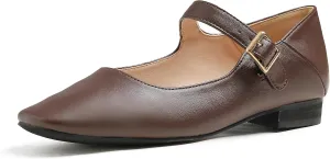 FEVERSOLE Women's Mary Jane Fashion Square Toe Easy Buckle Low Heel Slip On Flats