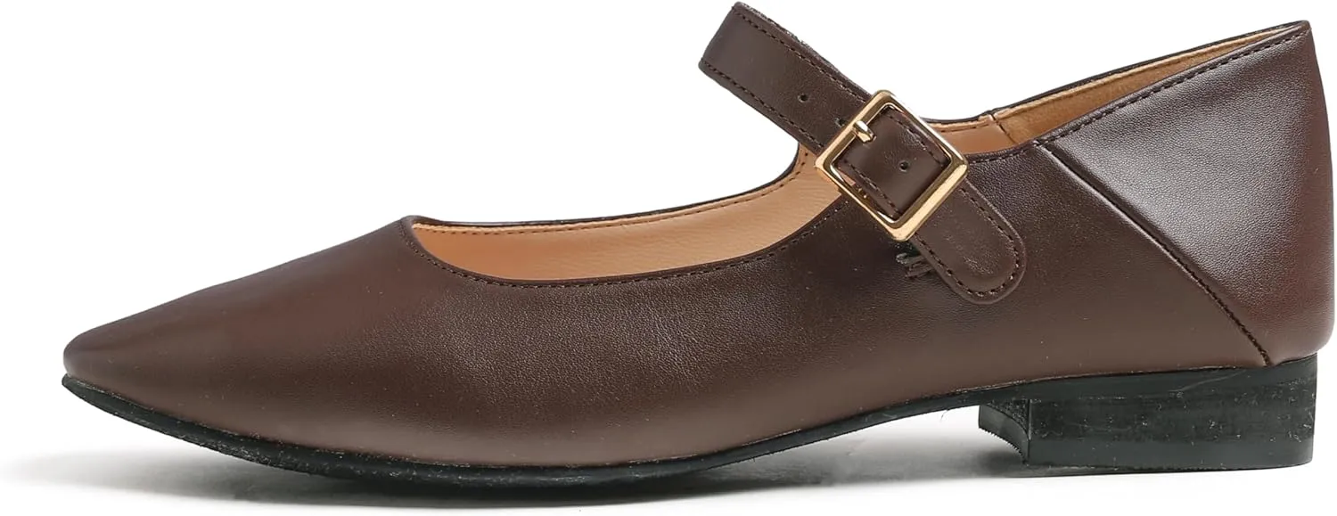 FEVERSOLE Women's Mary Jane Fashion Square Toe Easy Buckle Low Heel Slip On Flats