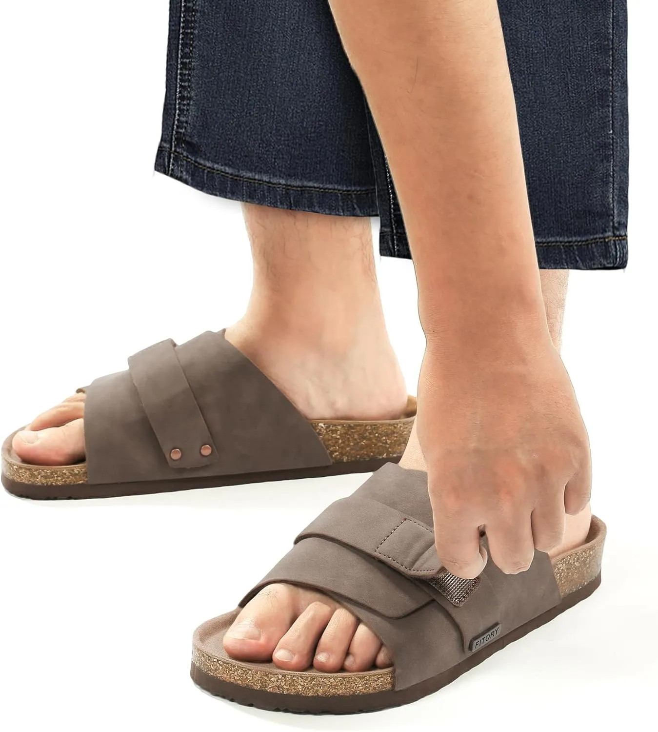 FITORY Mens Soft Footbed Sandals,Cork Slides with Adjustable Straps Size 7-13.5