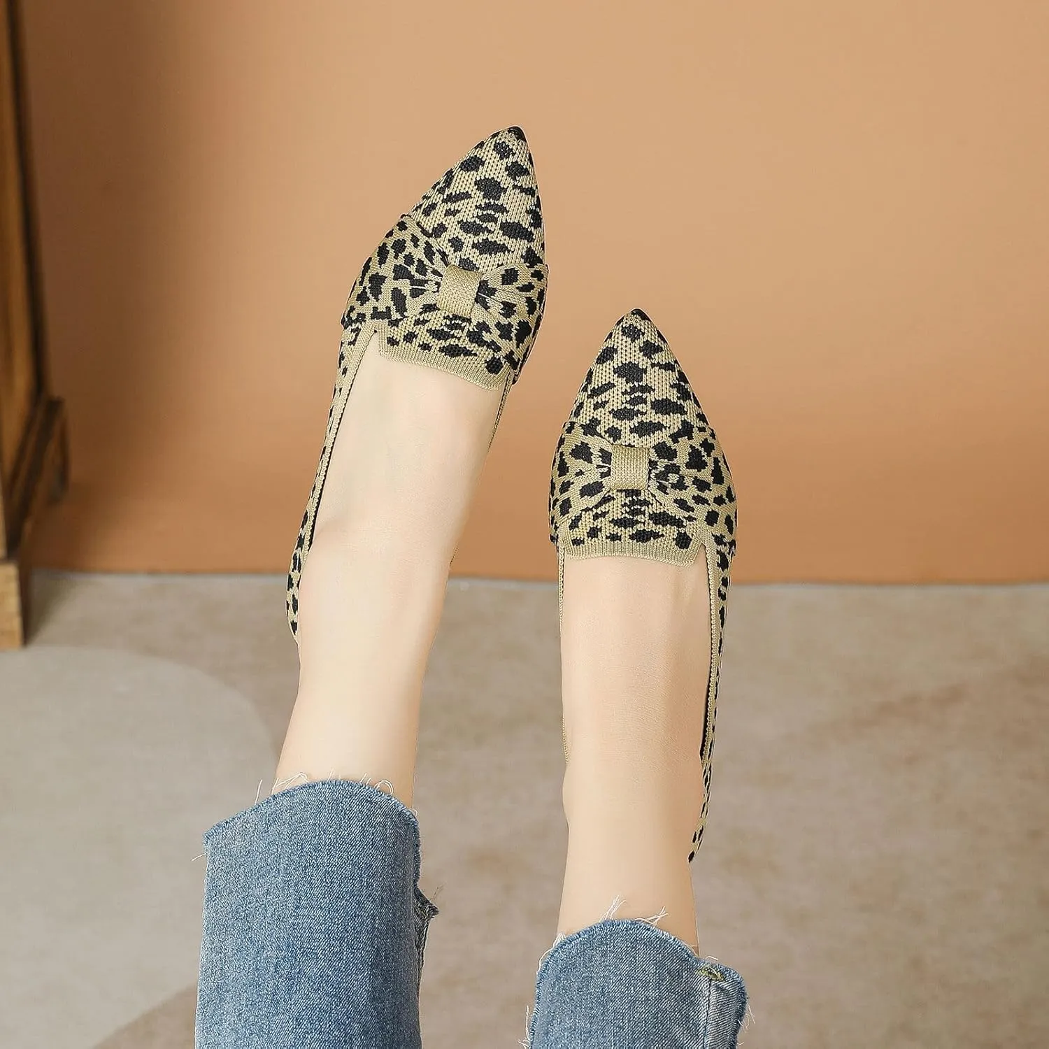 Flats for Womens Classic Pointed Toe Ballet Flats Comfortable Knit Dressy Bow Flats Shoes