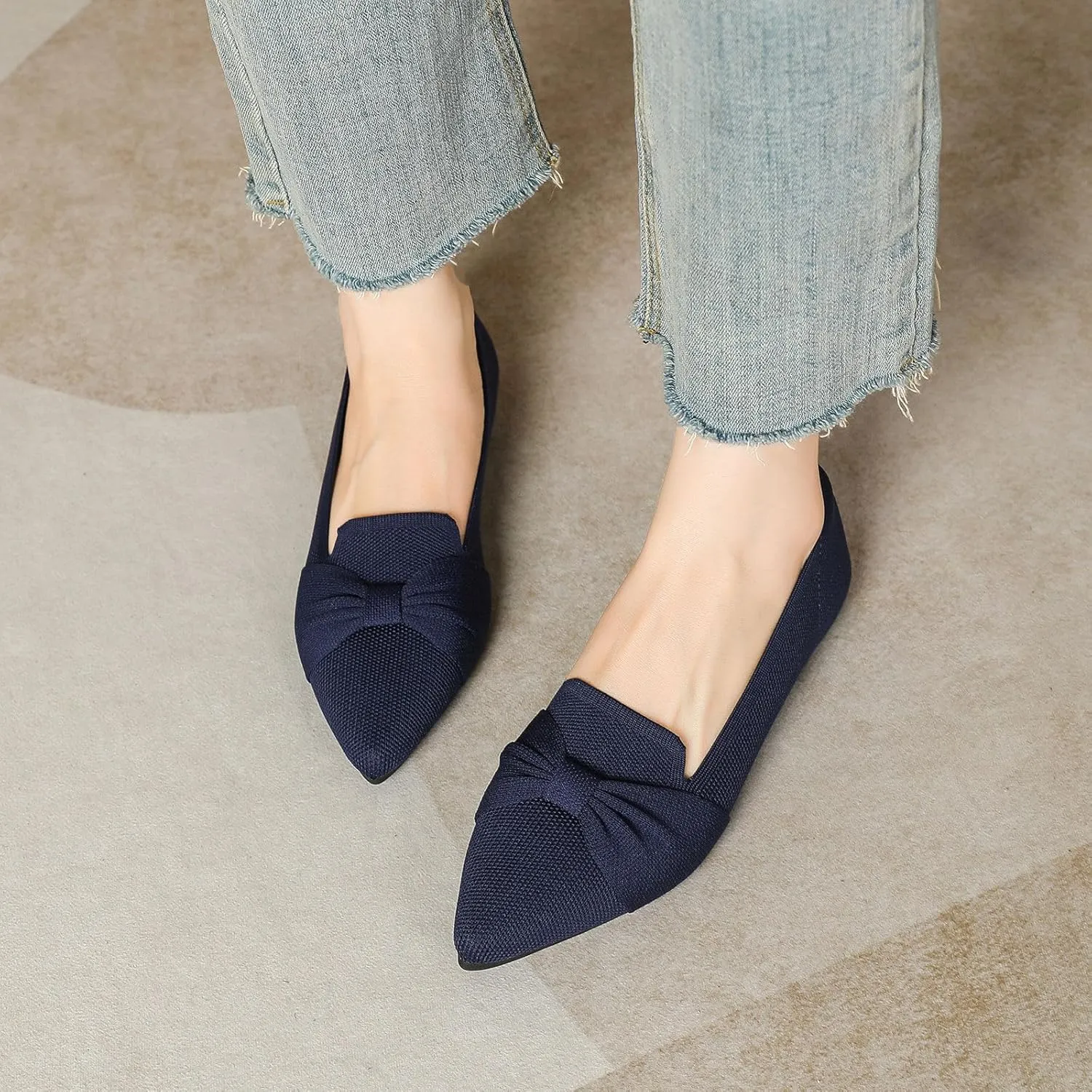 Flats for Womens Classic Pointed Toe Ballet Flats Comfortable Knit Dressy Bow Flats Shoes