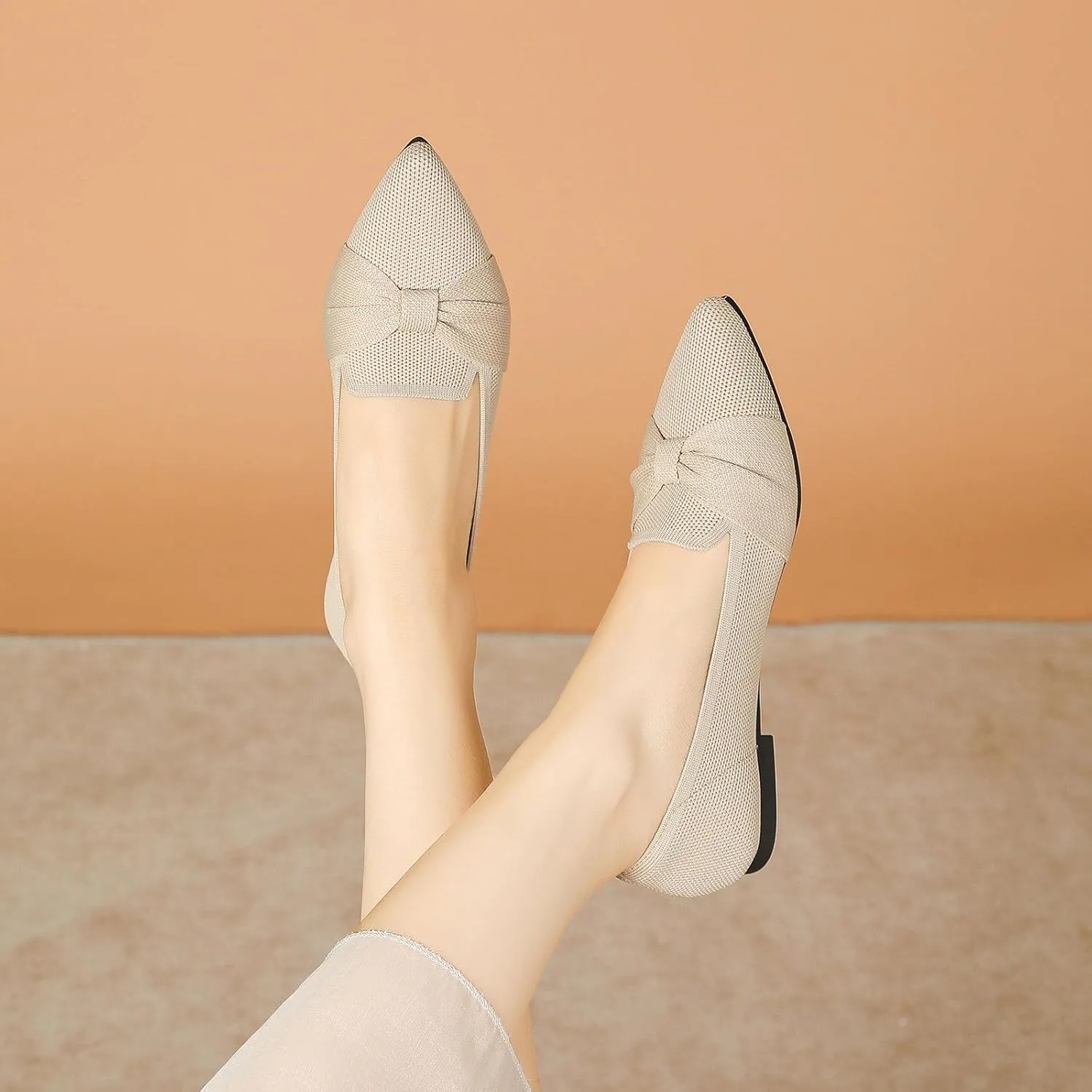 Flats for Womens Classic Pointed Toe Ballet Flats Comfortable Knit Dressy Bow Flats Shoes