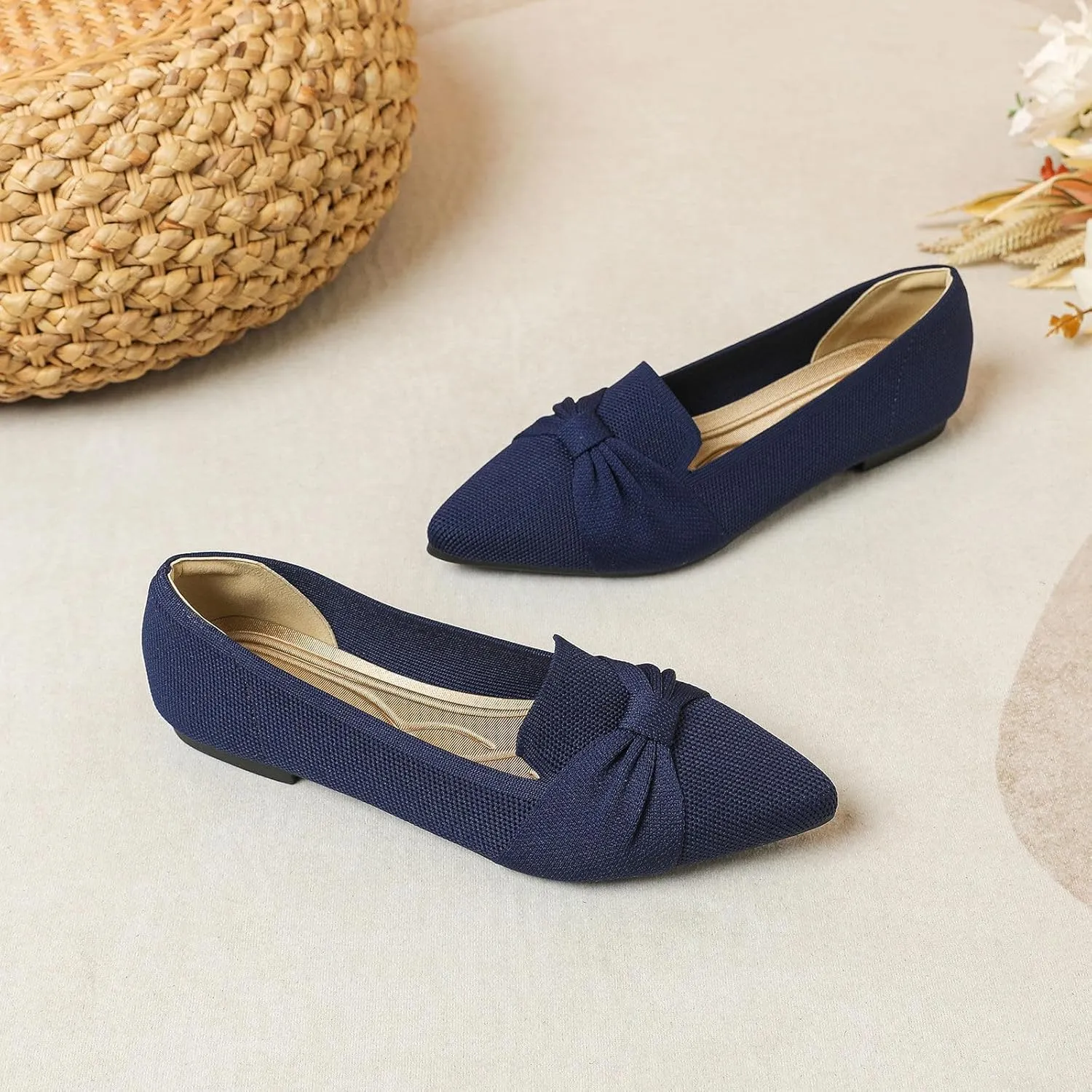 Flats for Womens Classic Pointed Toe Ballet Flats Comfortable Knit Dressy Bow Flats Shoes