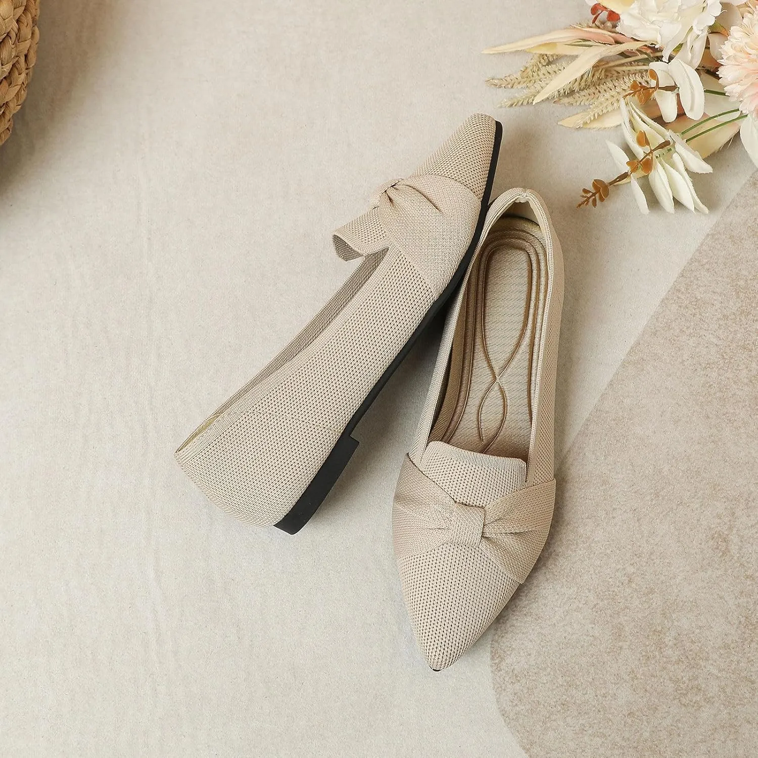 Flats for Womens Classic Pointed Toe Ballet Flats Comfortable Knit Dressy Bow Flats Shoes