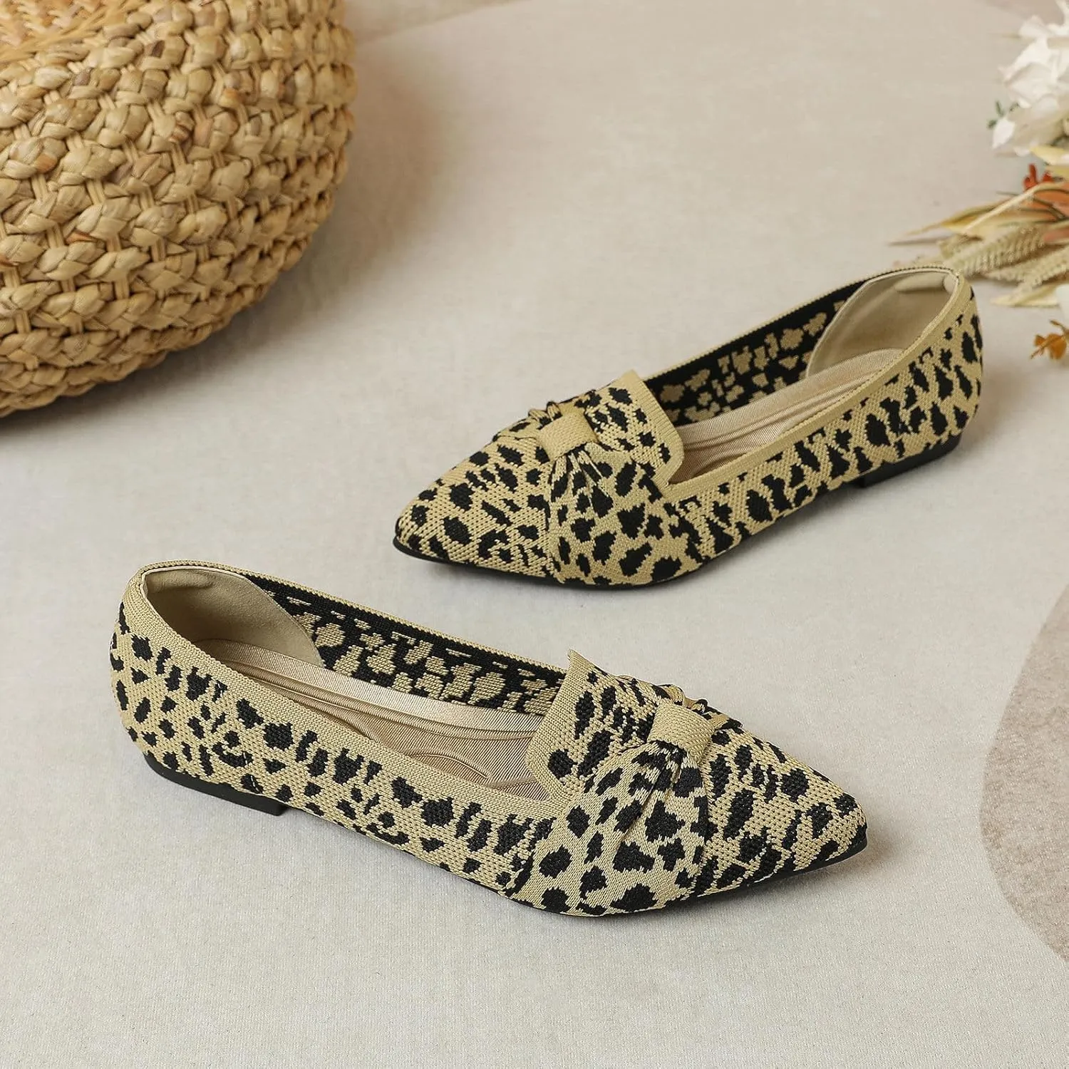 Flats for Womens Classic Pointed Toe Ballet Flats Comfortable Knit Dressy Bow Flats Shoes