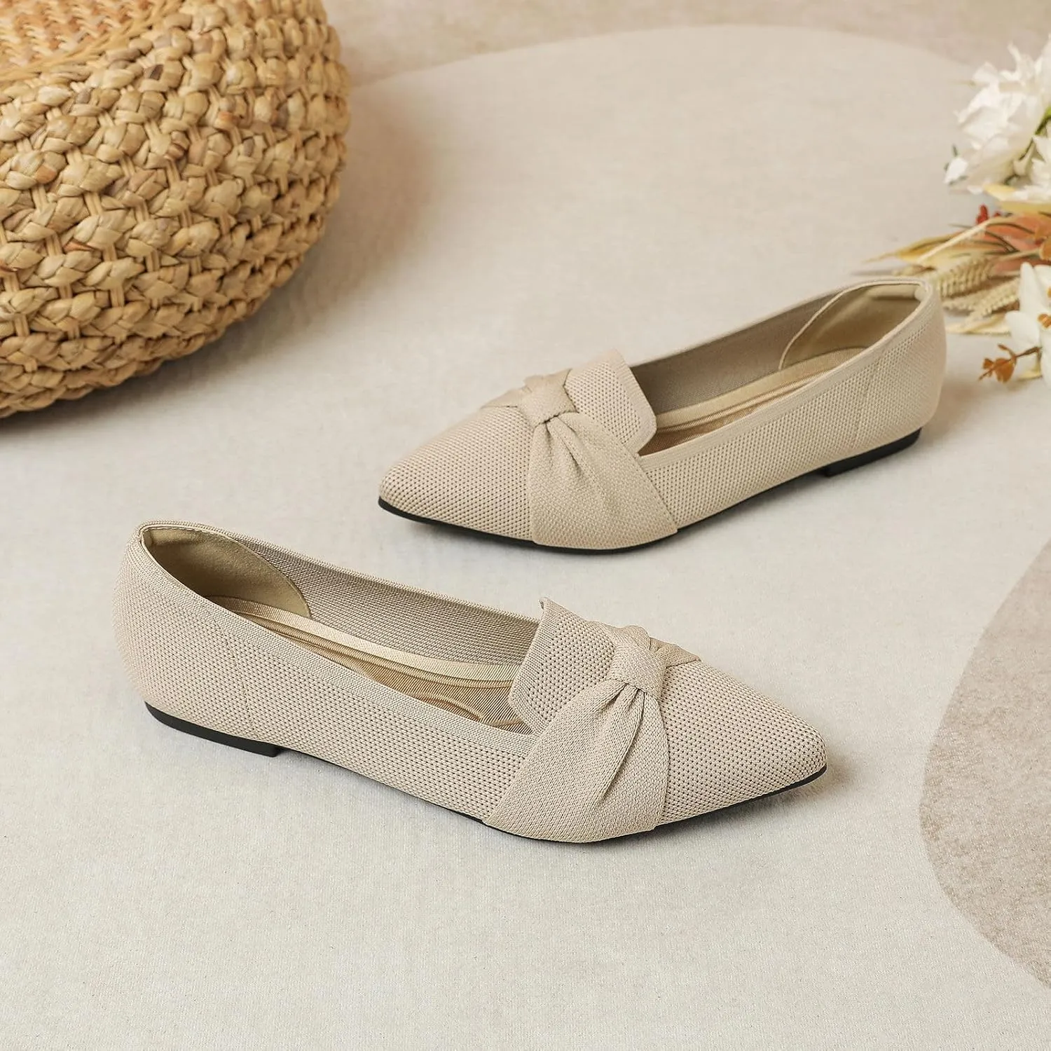 Flats for Womens Classic Pointed Toe Ballet Flats Comfortable Knit Dressy Bow Flats Shoes