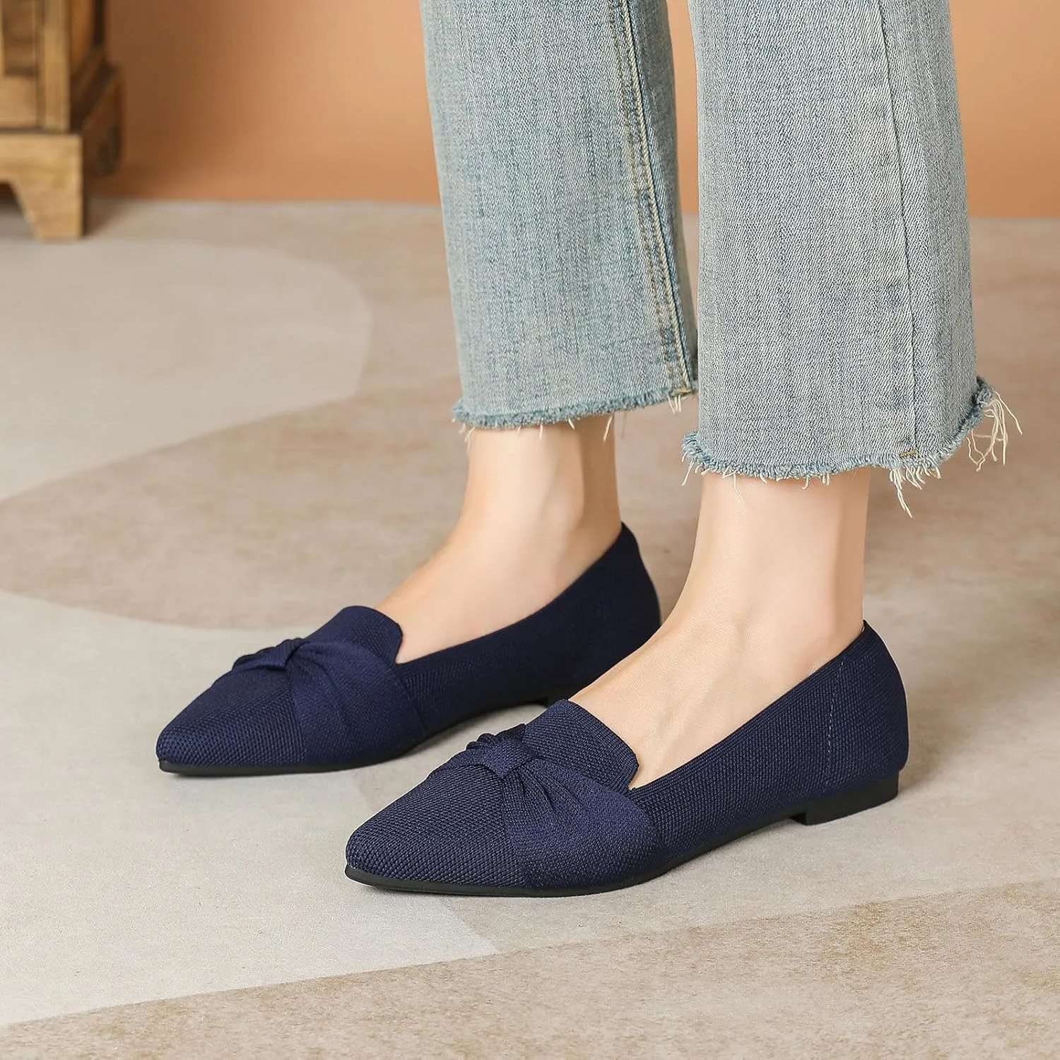 Flats for Womens Classic Pointed Toe Ballet Flats Comfortable Knit Dressy Bow Flats Shoes