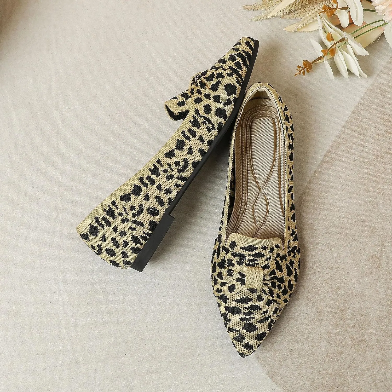Flats for Womens Classic Pointed Toe Ballet Flats Comfortable Knit Dressy Bow Flats Shoes