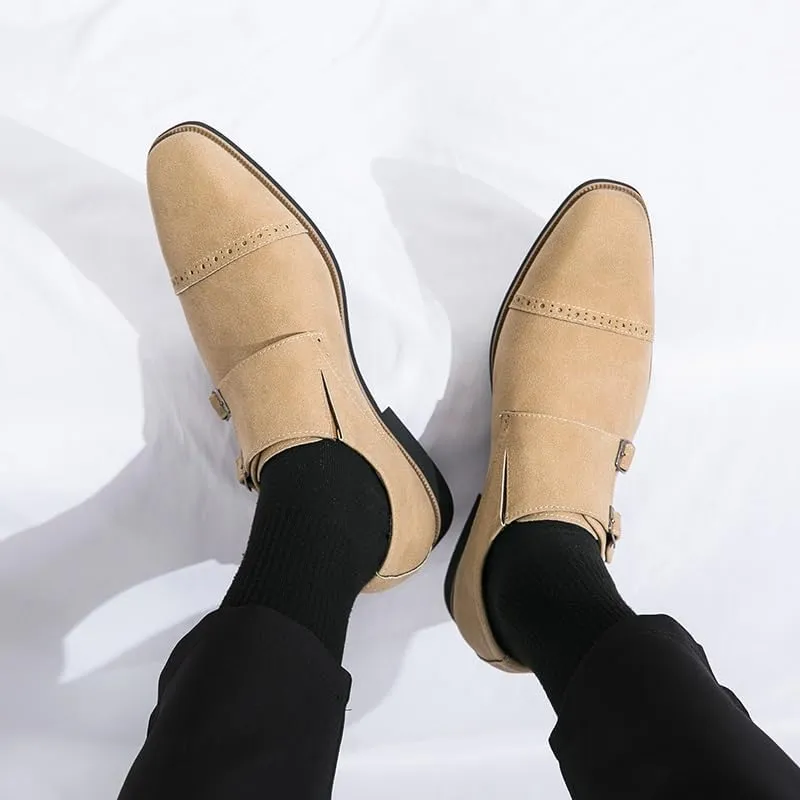 Formal Dress Shoes for Men Slip On Square Toe Suede Vamp Cap Toe Double Monk Strap Non Slip Anti-Slip Slip Resistant Block Heel Casual