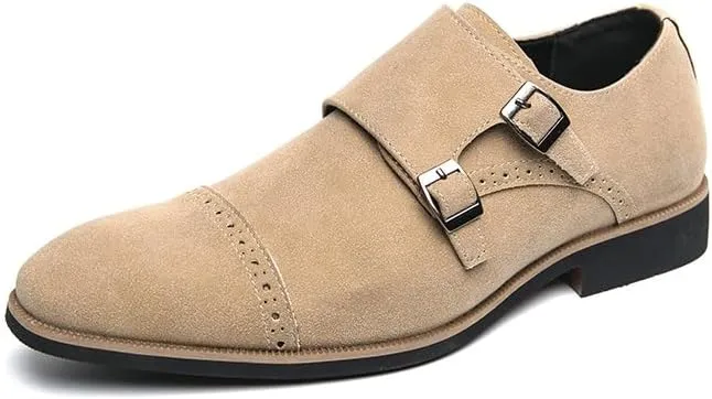 Formal Dress Shoes for Men Slip On Square Toe Suede Vamp Cap Toe Double Monk Strap Non Slip Anti-Slip Slip Resistant Block Heel Casual