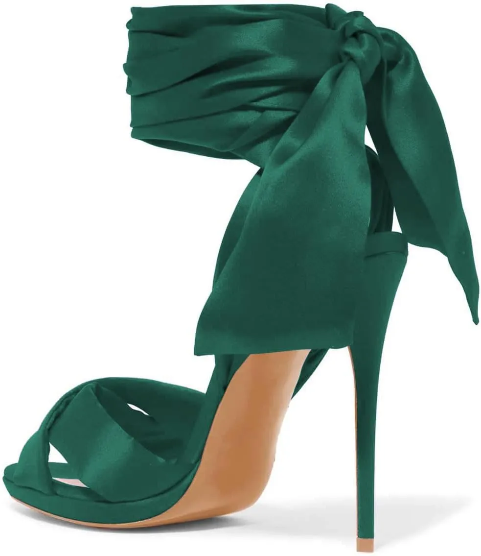 FSJ Women Cocktail Peep Toe Satin Lace Up Sandals Ankle Wrap Platform High Heels Party Sexy Shoes Size 4-15 US