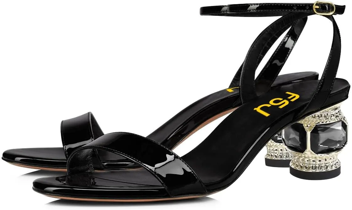 FSJ Women Gorgeous Crystal Low Block Heel Open Toe Ankle Strap Sandals Comfort Wedding Office Party Dress Shoes Size 4-15 US