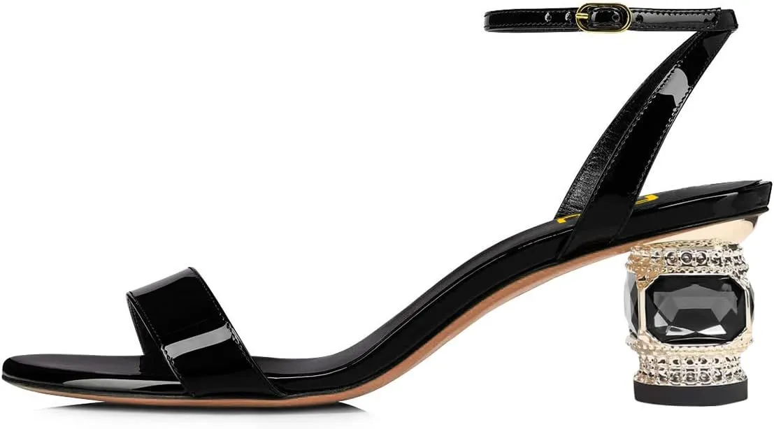 FSJ Women Gorgeous Crystal Low Block Heel Open Toe Ankle Strap Sandals Comfort Wedding Office Party Dress Shoes Size 4-15 US